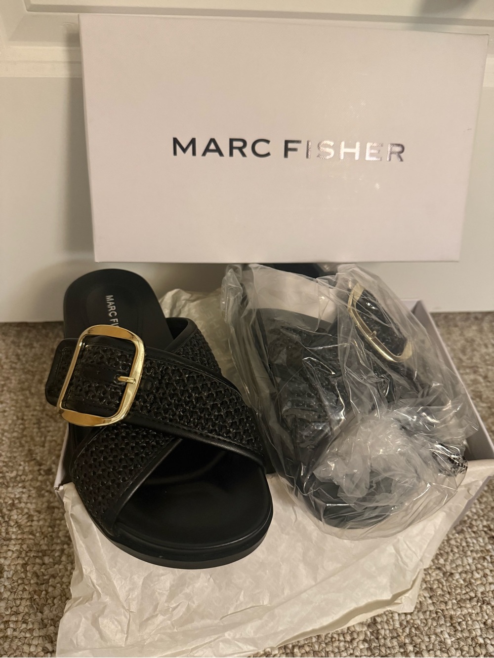 Marc Fisher Hazaia Black Woven Slide Sandal with Gold Buckle new in box size 5.5